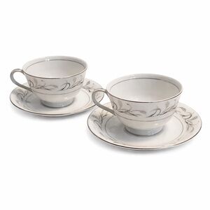 Harmony House Platinum Garland Teacups & Saucers Set of 2 Japan 3541 Vintage